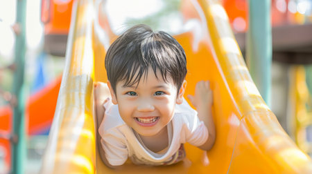 Happy asian boy playing on slide at outdoor playground in summer.の素材