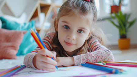 Cute little girl drawing with colored pencils at home on the floorの素材