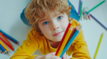 Cute little kid boy drawing with colorful pencils at home.の素材