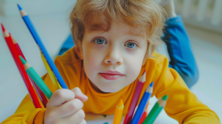 Cute little boy drawing with colorful pencils at home. Child learning to drawの素材