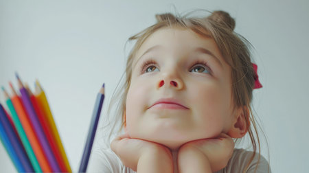 Little girl draws with colored pencils, close-up portrait.の素材
