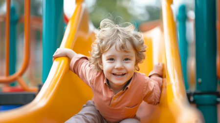 Happy little boy having fun on the playground. Child playing on a slide.の素材