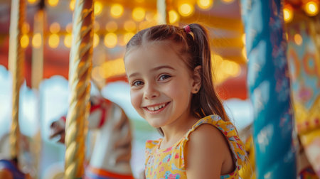 Portrait of a little girl on a merry-go-roundの素材