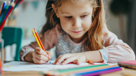 Cute little girl drawing with colorful pencils at home, selective focusの素材