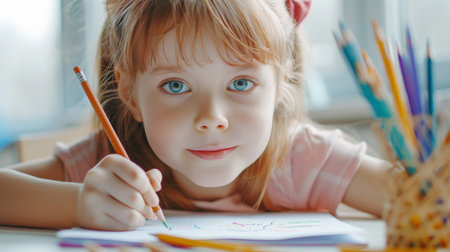 Cute little girl drawing with colorful pencils while sitting at tableの素材