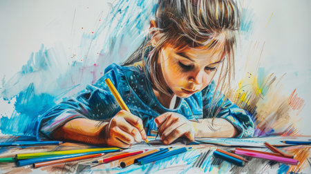 Portrait of a cute little girl drawing with colored pencils.の素材