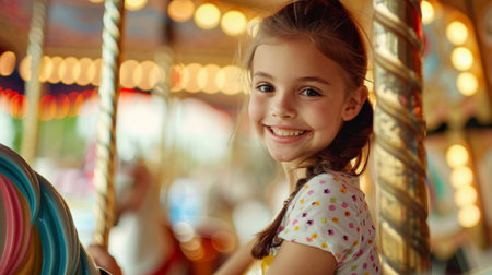 Portrait of a cute little girl on a merry-go-roundの素材
