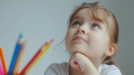 Cute little girl drawing with colored pencils on a white backgroundの素材