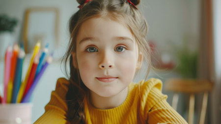 Portrait of a cute little girl in a yellow sweater and blue eyesの素材