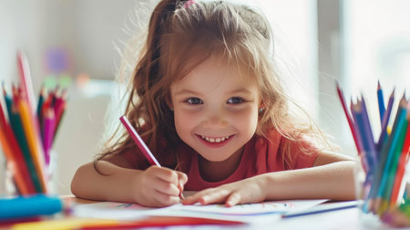Cute little girl drawing with colorful pencils at home. Early learning.の素材