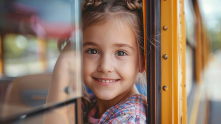 Portrait of a smiling little girl looking out of the window of a school busの素材