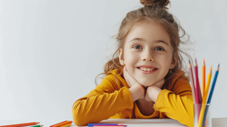 cute little girl smiling and looking at camera while sitting at table with pencilsの素材