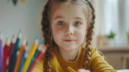 Cute little girl drawing with pencils at home. Portrait of a cute child drawing with colorful pencils.の素材