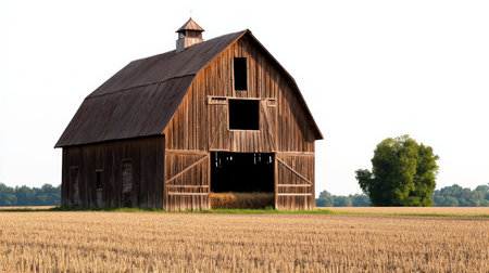 Traditional barn isolated on white background, detailed with rustic wood textureの素材
