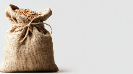 Burlap sack with buckwheat grains on a white backgroundの素材