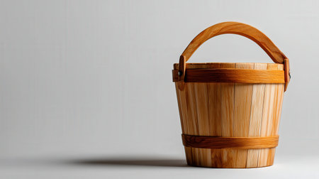 Wooden bucket on a white background. Copy space for text.の素材