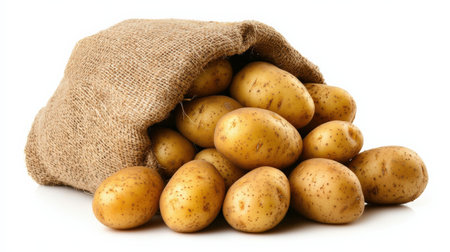 Potatoes in a burlap bag on a white background, isolatedの素材