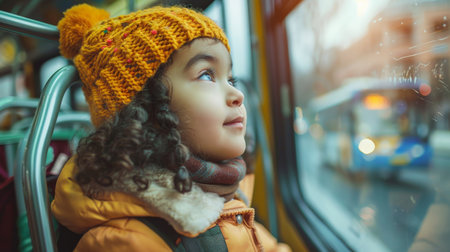 Cute little girl with curly hair in a yellow jacket and a knitted hat on the background of the busの素材