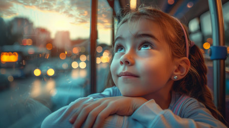 portrait of a beautiful little girl on the bus at sunset.の素材