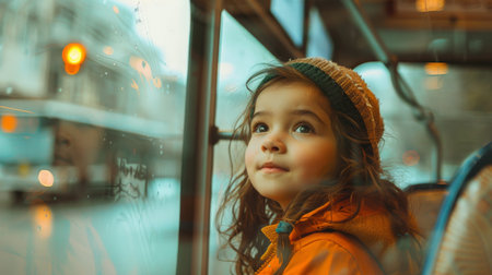 Portrait of a cute little girl in a yellow jacket and a hat on the bus.の素材