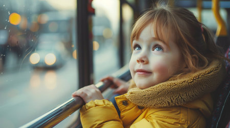 Adorable little girl riding a bus in the city at rainy dayの素材
