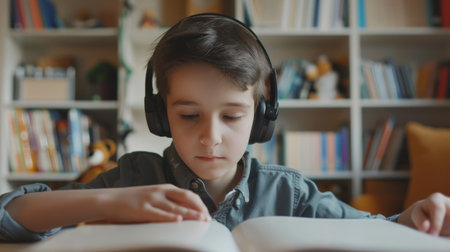 Cute little boy in headphones listening to music and reading book at homeの素材