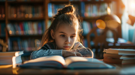 Cute little girl reading a book in the library. Education concept.の素材