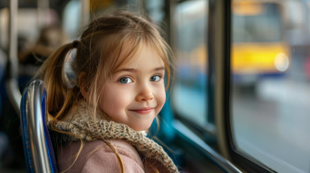 Adorable little girl traveling by train. Portrait of a cute little girl on a train.の素材
