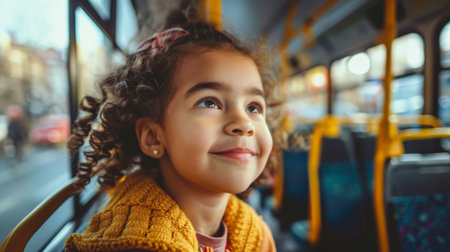 portrait of smiling african american little girl looking away in busの素材