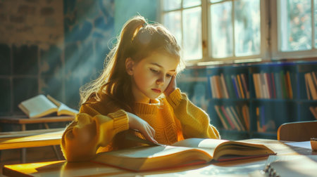 Little girl in yellow sweater sitting at the table and reading book.の素材
