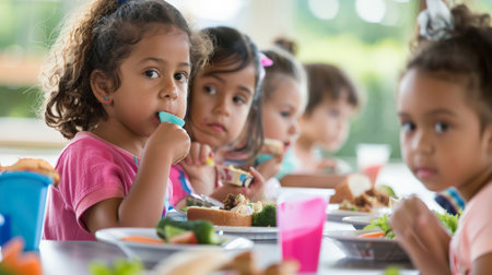 Portrait of cute little kids eating and having fun together during lunch at schoolの素材