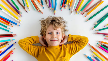 Little boy lying on the floor with colored pencils in the backgroundの素材