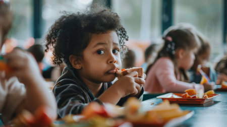 Cute african american little girl eating pizza at birthday partyの素材