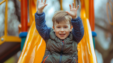 Portrait of a cute little boy having fun on the playground.の素材