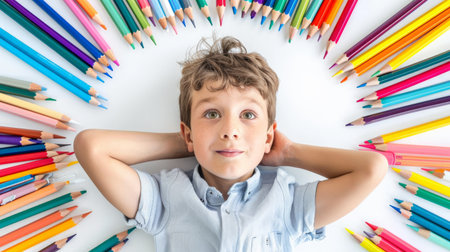 Top view of a boy lying on the floor surrounded by colorful pencilsの素材