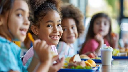 happy african american kids eating ice cream at school canteenの素材