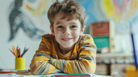 Portrait of cute little boy drawing with colorful pencils at homeの素材