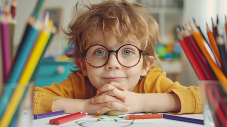 Portrait of cute kid boy in eyeglasses drawing at homeの素材