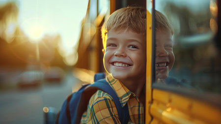 Little boy with backpack smiling while standing by the school bus windowの素材