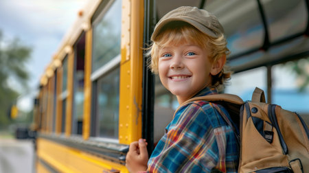 A young boy with a backpack standing at the school bus door.の素材