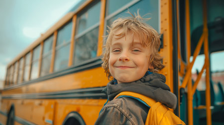 Little boy with blond hair and blue eyes smiling while standing near the school bus.の素材