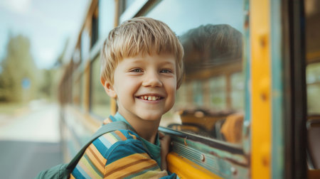 Little boy waiting for the school busの素材