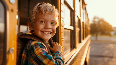 Little boy standing at the school bus doorの素材