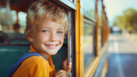 Little boy going to school by busの素材