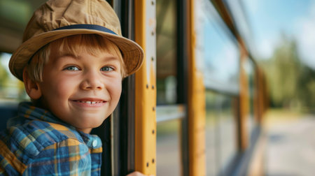 Little boy looking out the window of a school busの素材