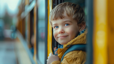 Little boy with blond hair and blue eyes smiles while riding the school busの素材