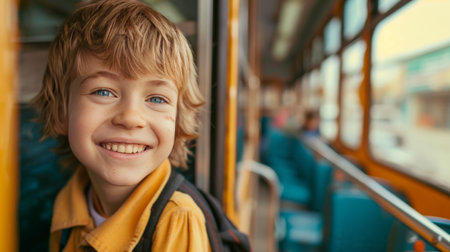 Portrait of a happy smiling boy with blond hair and blue eyes on the school busの素材