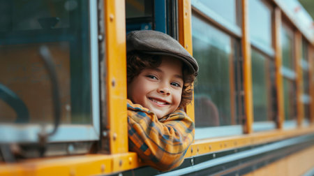 Little boy looking out the window of a school busの素材