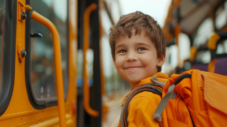 Little boy with backpack standing at the school bus stopの素材