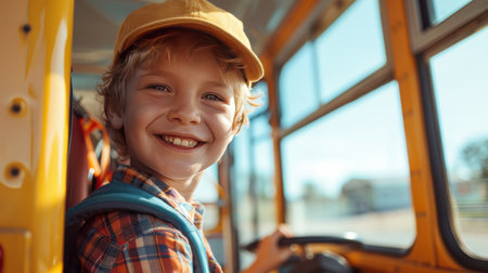 Smiling boy rides the school busの素材